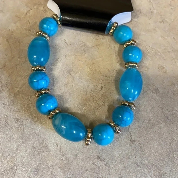 Turquoise and Gold Beaded Stretch Bracelet - Picture 2 of 3